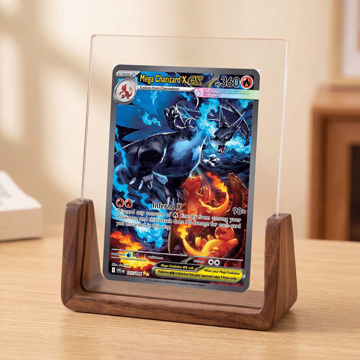 Black Walnut U-stand display with Mega Charizard X ex card on a wooden desk