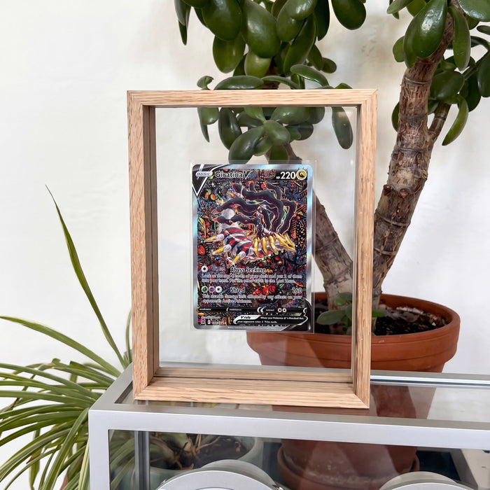 Log Wood floating frame with Giratina V card on a stand with a jade plant