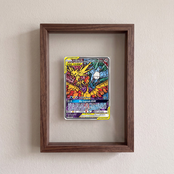 Black Walnut floating frame on a wall with a Moltres Zapdos Articuno GX tag team card
