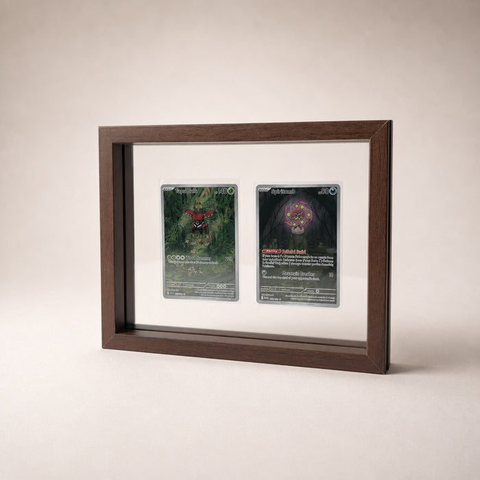 PokeFrame Black Walnut 2-card display, studio shot Tapu Bulu Spiritomb