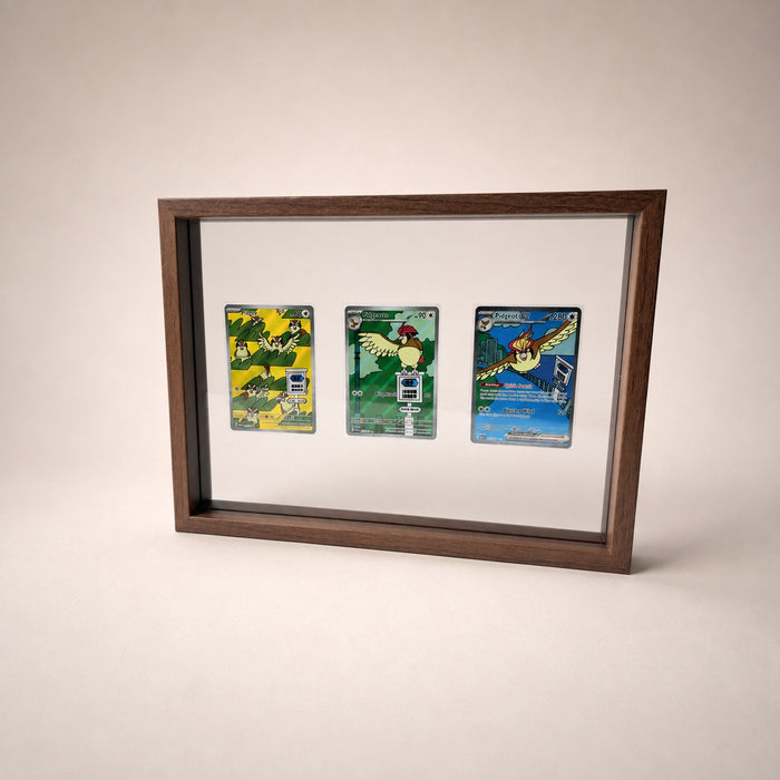Black Walnut 3-card floating frame, studio shot Rufflet Braviary Pidgeot ex